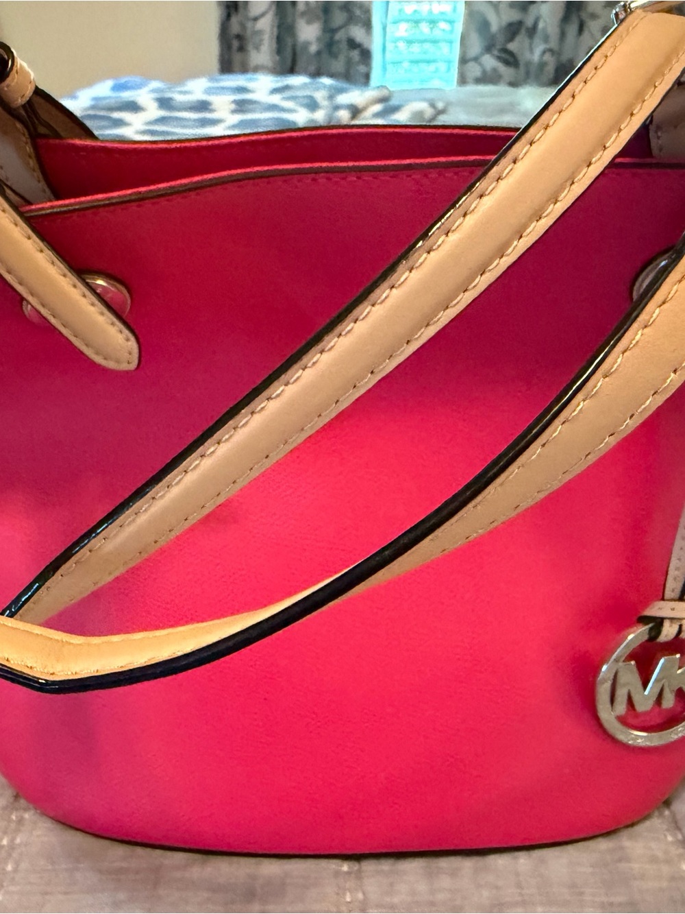 Michael Kors Bright Pink Tote with Beige Straps